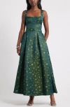Chelsea28 Pleated Seamed Bodice Jacquard Maxi Cocktail Dress In Green