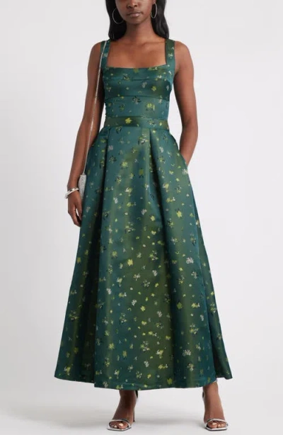 Chelsea28 Pleated Seamed Bodice Jacquard Maxi Cocktail Dress In Green