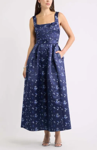 Chelsea28 Pleated Seamed Bodice Jacquard Maxi Cocktail Dress In Navy Brocade