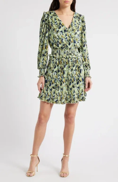Chelsea28 Plissé Smocked Waist Long Sleeve Minidress In Blue- Green Textured Floral