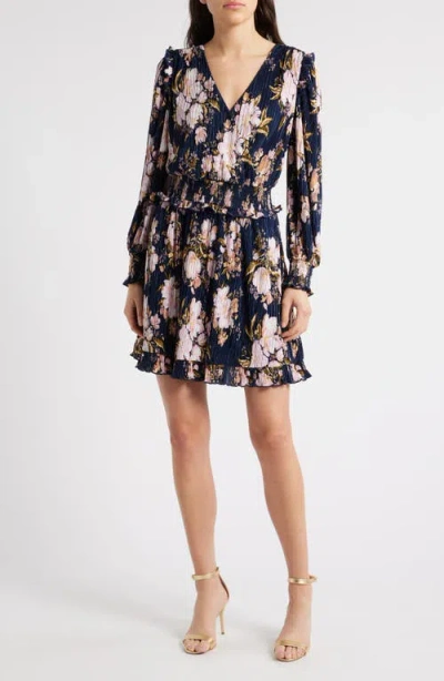 Chelsea28 Plissé Smocked Waist Long Sleeve Minidress In Navy- Purple Sydney Floral