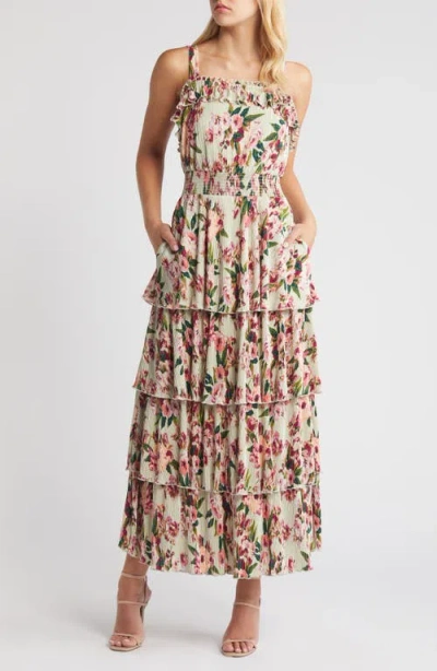 Chelsea28 Plissé Tiered Maxi Dress In Green- Pink Blossoms