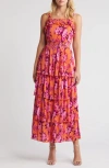 Chelsea28 Plissé Tiered Maxi Dress In Orange- Pink Blossoms