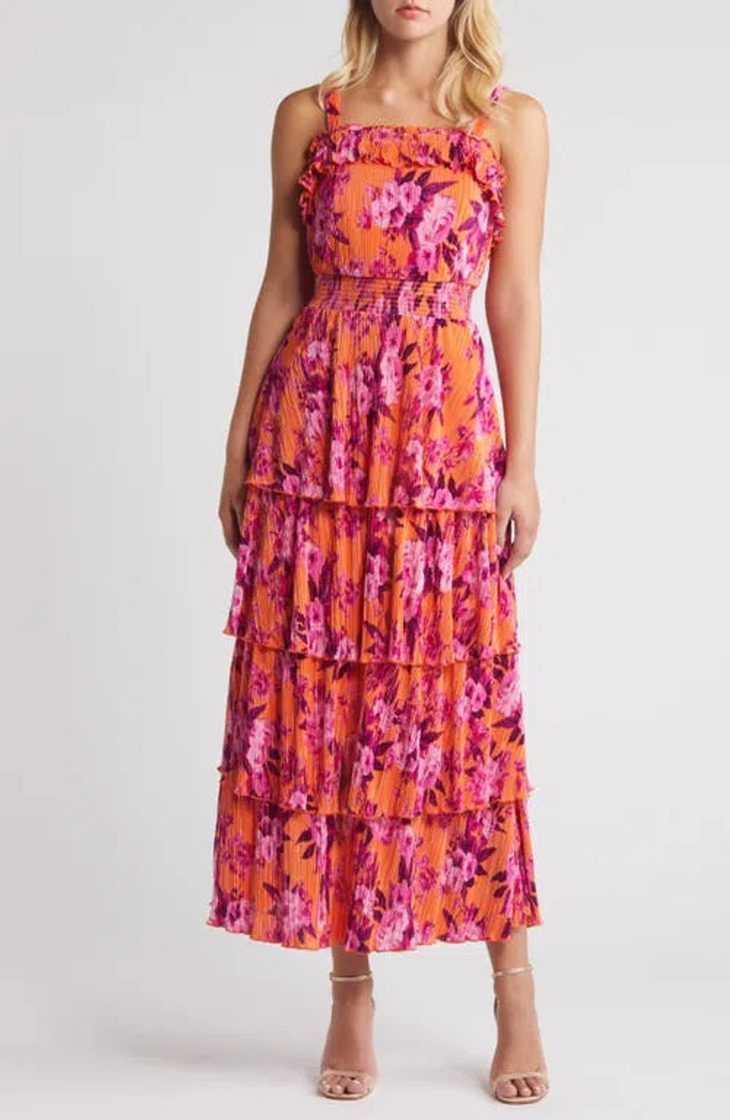 Chelsea28 Pliss Tiered Maxi Dress In Orange- Pink Blossoms | ModeSens
