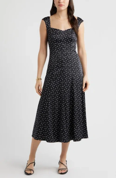 Chelsea28 Polka Dot Cap Sleeve Satin Midi Dress In Black