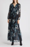 Chelsea28 Print Long Sleeve Chiffon Maxi Dress In Black- Teal Blurred Floral