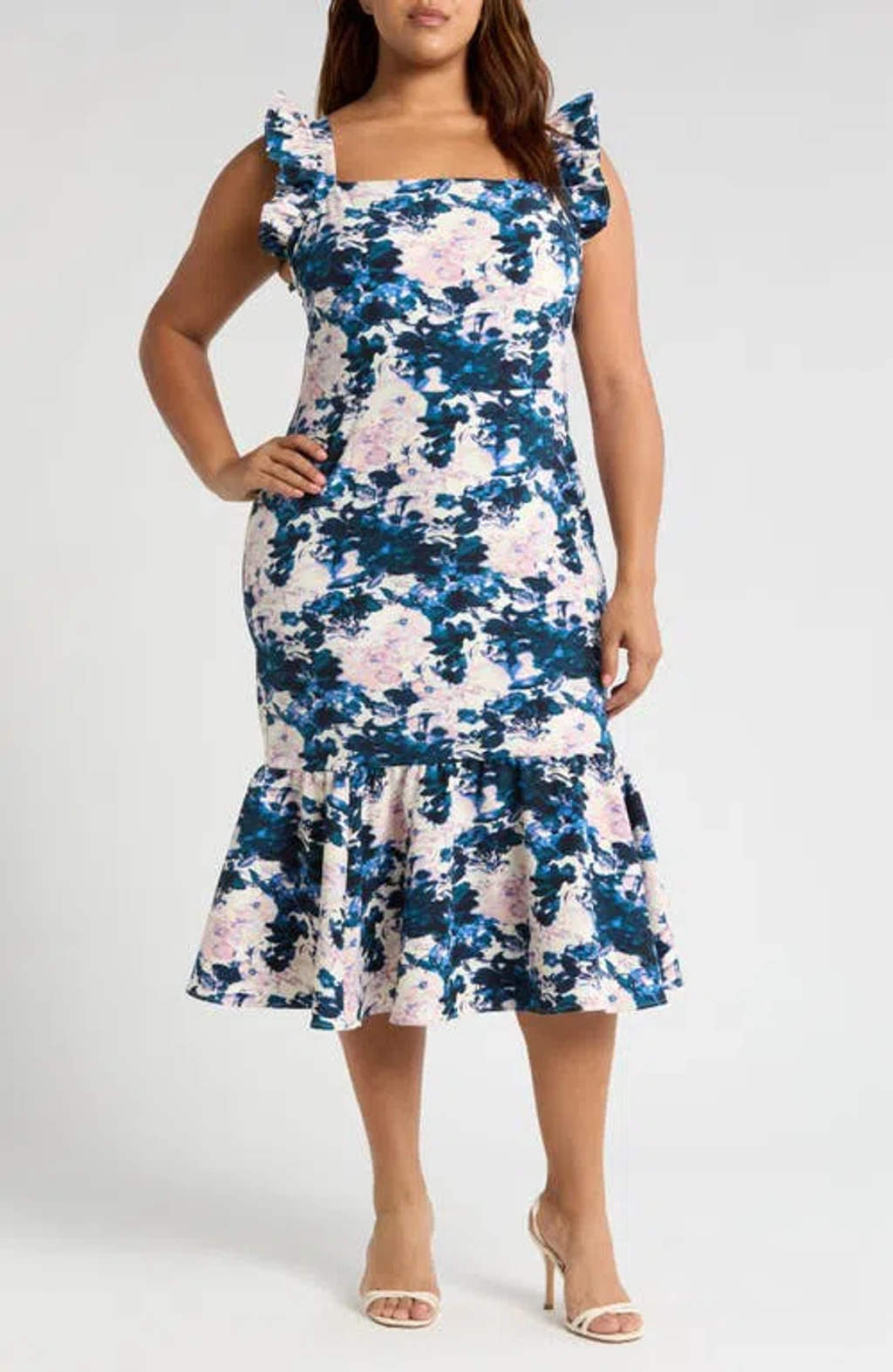 Print Ruffle Sleeve Midi Dress In Ivory Navy Abstracted Garden