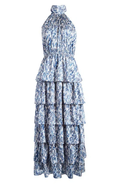 Chelsea28 Printed Tiered Mock Neck Maxi Dress In Blue