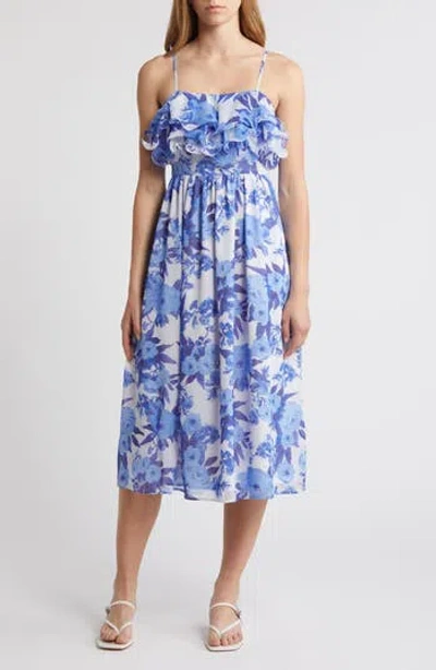 Chelsea28 Printed Tiered Ruffle Chiffon Midi Dress In Blue Blossoms