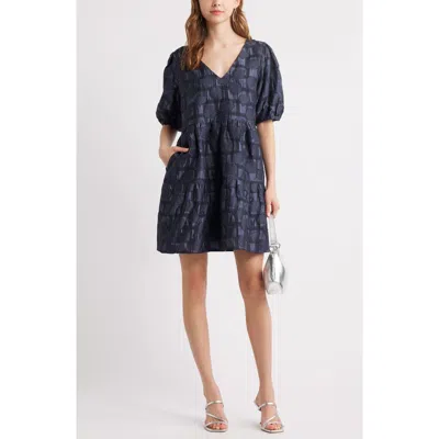 Chelsea28 Puff Sleeve Jacquard Tiered Minidress In Navy