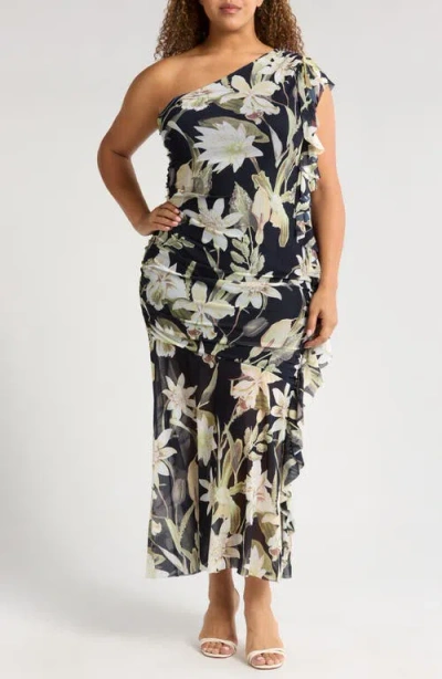 Chelsea28 Rosette Ruffle One-shoulder Maxi Dress In Navy- Green Island Floral