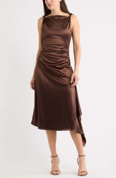 Chelsea28 Ruched Asymmetric Satin Midi Dress In Brown