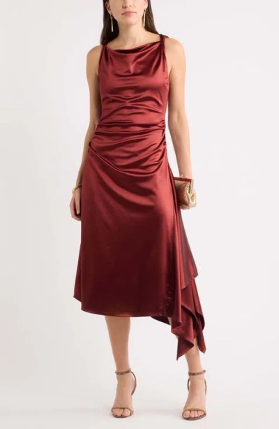 Chelsea28 Ruched Asymmetric Satin Midi Dress In Burgundy
