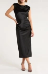 Chelsea28 Ruched Cap Sleeve Satin Midi Dress In Black
