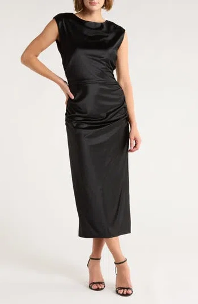 Chelsea28 Ruched Cap Sleeve Satin Midi Dress In Black