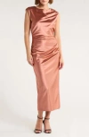 Chelsea28 Ruched Cap Sleeve Satin Midi Dress In Brown