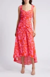 Chelsea28 Ruched High-low Midi Dress In Orange/ Pink Lush Branches