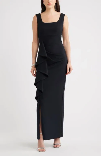 Chelsea28 Ruffle Drape Square Neck Maxi Gown In Black
