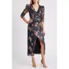 Chelsea28 Sequin Print Puff Shoulder Long Sleeve Gown In Black Floral