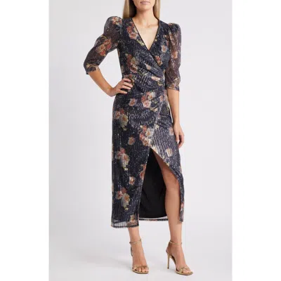 Chelsea28 Sequin Print Puff Shoulder Long Sleeve Gown In Black Floral