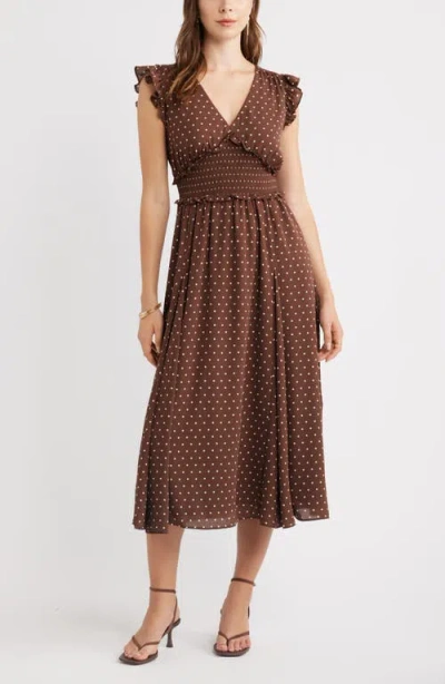 Chelsea28 Smocked Chiffon Midi Dress In Brown
