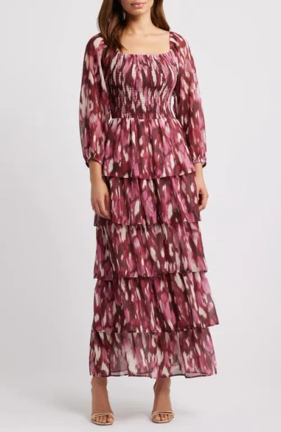 Chelsea28 Smocked Tiered Long Sleeve Maxi Dress In Burgundy- Pink Combo