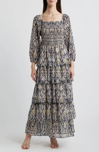 Chelsea28 Smocked Tiered Long Sleeve Maxi Dress In Navy- Olive Multi