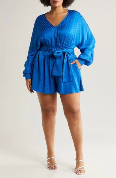 Chelsea28 Textured Dot Long Sleeve Satin Romper In Blue Marmara