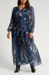 Chelsea28 Tiered Long Sleeve Chiffon Dress In Navy Multi Watercolor