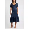 Chelsea28 Twist Front Puff Sleeve Satin Midi Dress In Blue