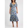 Chelsea28 Twist Front Puff Sleeve Satin Midi Dress In Blue