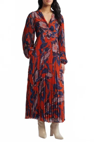 Chelsea28 Women's Floral Print Pleated Long Sleeve Dress In Rust Blue Floral In Multi