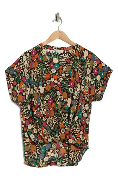 Chenault Floral Cap Sleeve Faux Wrap Top In Multi