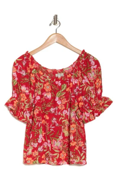 Chenault Floral Off The Shoulder Short Sleeve Top In Mango Multi