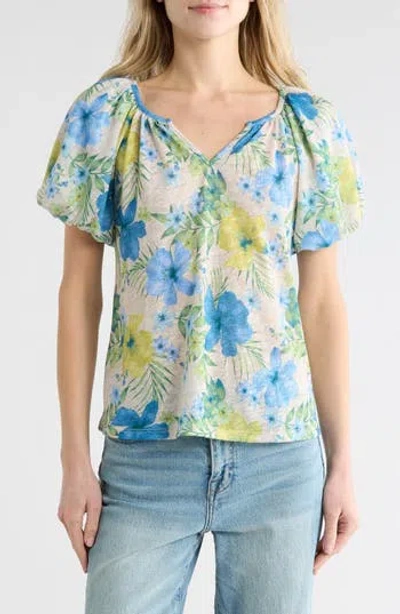 Chenault Floral Puff Sleeve Slubbed Jersey Top In Multi