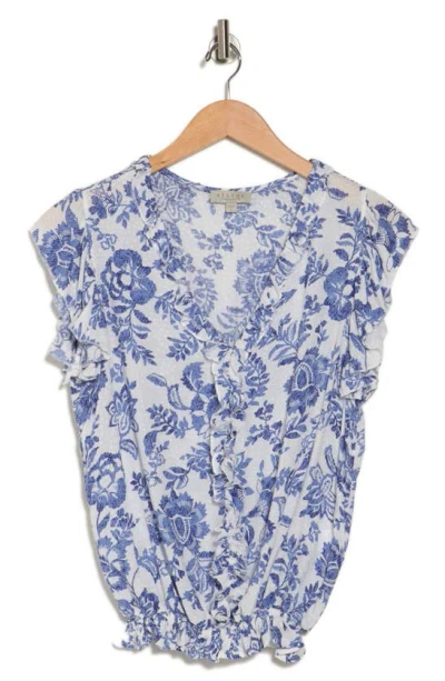 Chenault Flutter Sleeve Clip Dot Top In Blue Toile