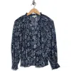 Chenault Long Sleeve Ruffle Neck Print Bodre Top In Blue