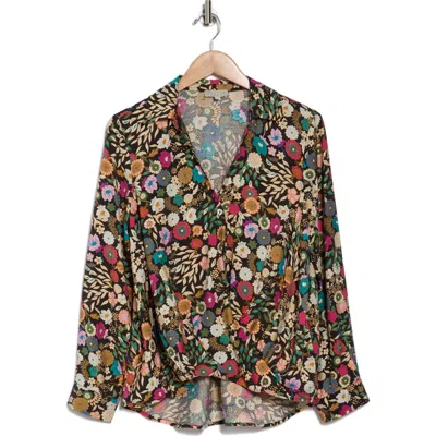 Chenault Long Sleeve Surplice V-neck Wrap Top In Black/pink