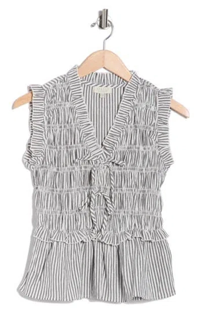Chenault Stripe Smocked Peplum Seersucker Top In Gray