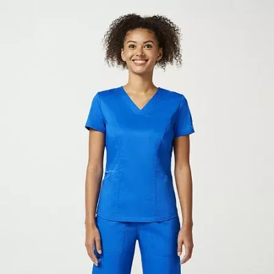 Cherokee Womens Petite V Neck Short Sleeve Scrub Top In Blue