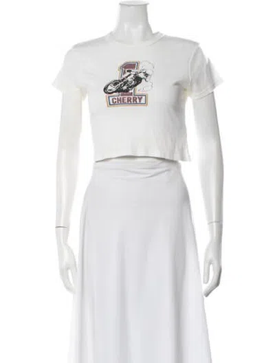 Pre-owned Cherry Los Angeles Graphic Print Crew Neck Crop Top In White