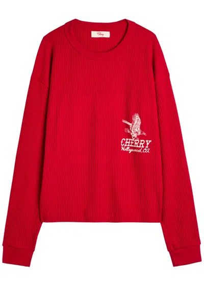 Cherry Los Angeles Hollywood Thermal Cropped Waffle-knit Cotton-blend T-shirt In Red
