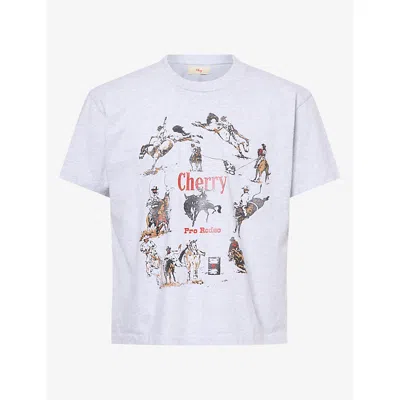 Cherry Los Angeles Mens Rodeo Brand-print Cotton-blend T-shirt Grey In White