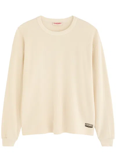 Cherry Los Angeles Printed Waffle-knit Cotton Top In Cream
