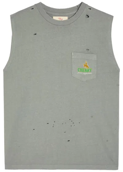 Cherry Los Angeles Thirst Quencher Printed Distressed Running Vest In Black Grey