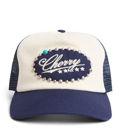 Cherry Los Angeles Turquoise Cherry Trucker Cap In White