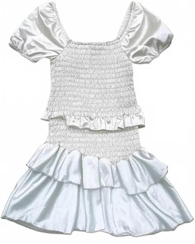 Cheryl Creations Kids' Girl's Short Sleeve Satin Smocked Dress In White In Blue