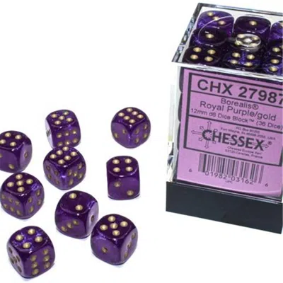 Chessex Manufacturing 12 Mm D6 Cube Borealis Luminary Dice, Royal Purple With Gold Numbers - Pack Of 36