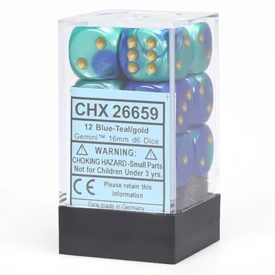 Chessex Manufacturing 16 Mm Blue & Teal Gemini No.7 D6 Dice, Gold Pips - Pack Of 12