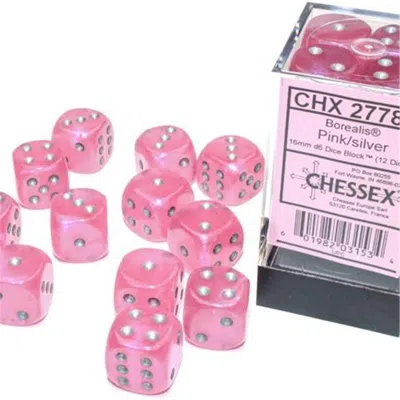 Chessex Manufacturing 16 Mm D6 Cube Borealis Luminary Dice, Pink With Silver Pips - Pack Of 12